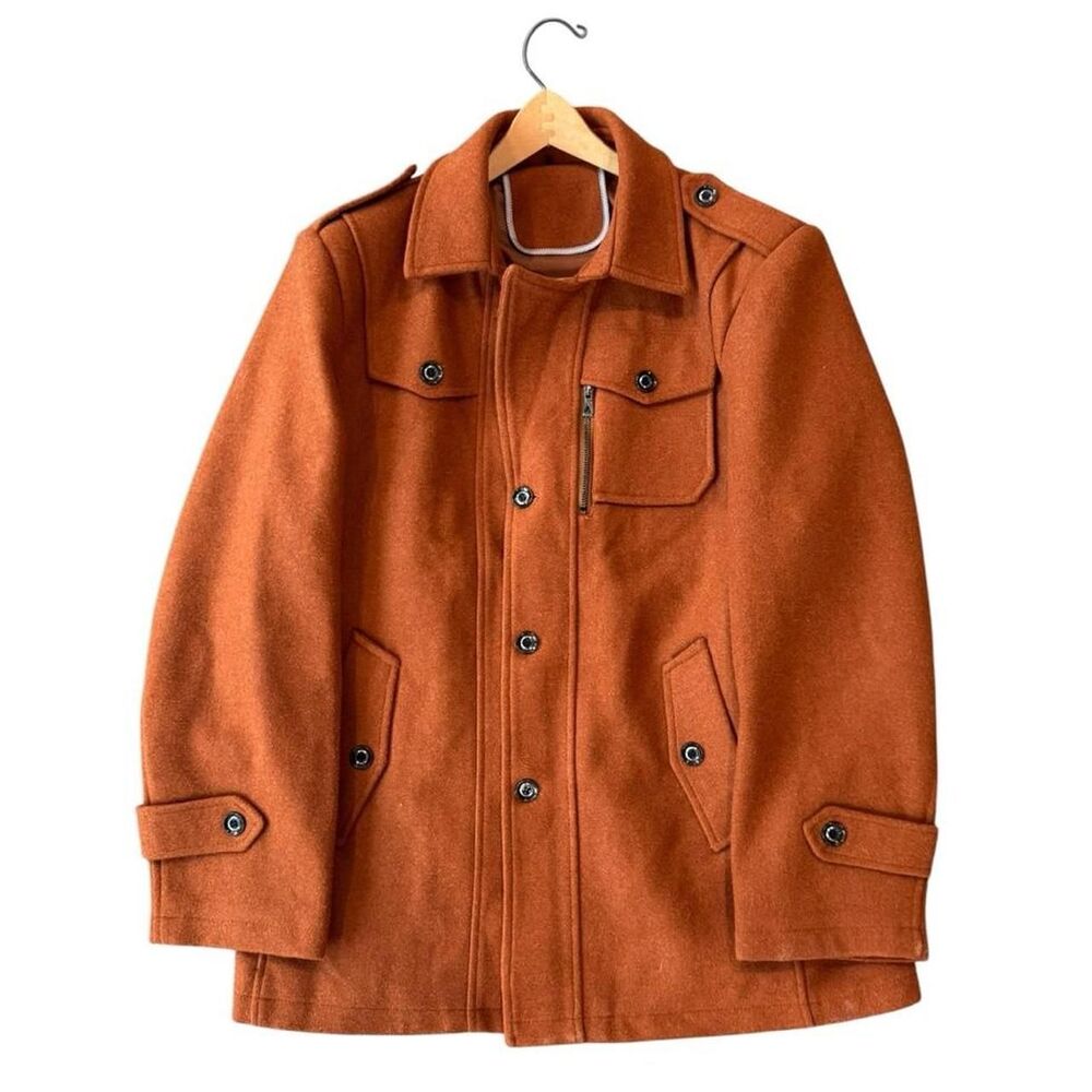 Men’s Military Field Jacket Utility Coat Burnt Orange L/XL Zip Collar Wool Blend